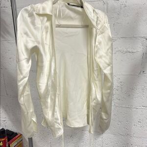 Zara Cream Satin Long Sleeve Light Jacket Blazer - Open Tie Jacket - Medium